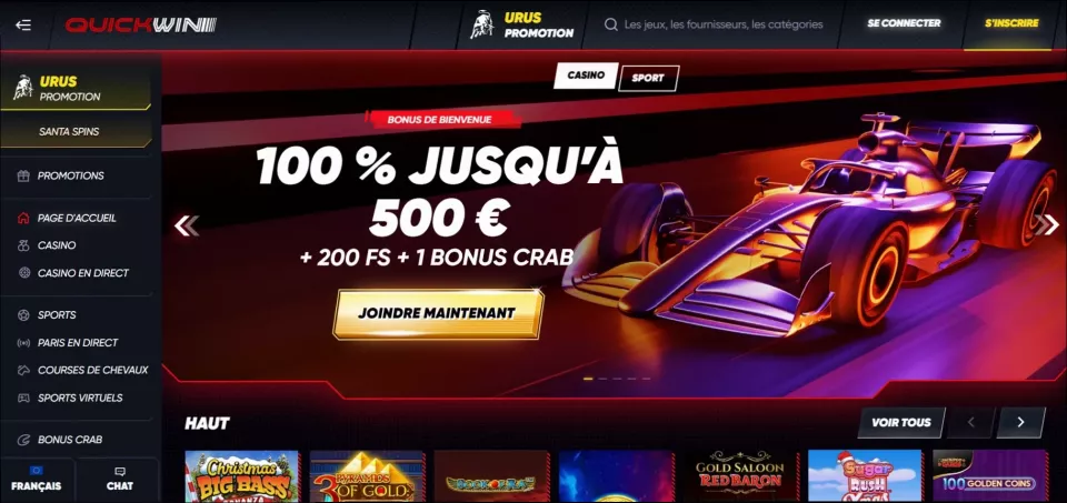 Quick win casino bonus 100% jusqu'à 500€ + 200 tours gratuits